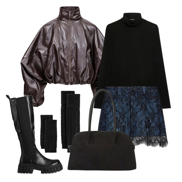 Outfit donna - Ottobre. Stile Trendy per Tutti i giorni. Abbinamento con bomber, minigonne, maglieria, borse a spalla, stivali, calzini.