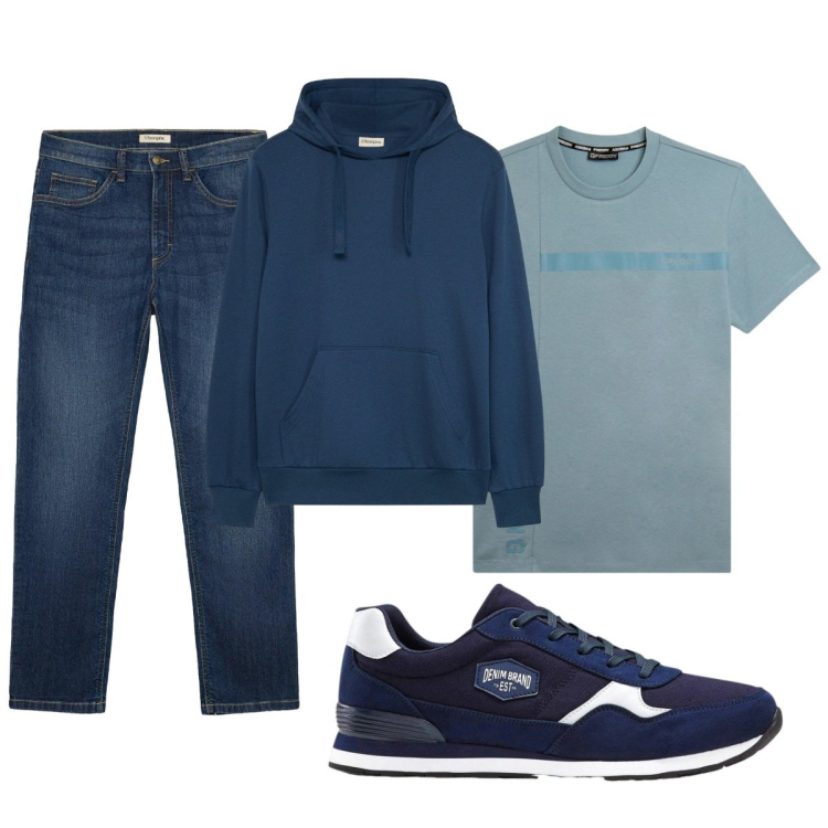 Outfit uomo - Total look #2496629. Stile Casual per Tutti i giorni. Abbinamento con t-shirt, sneakers, jeans dritti, felpe con cappuccio.