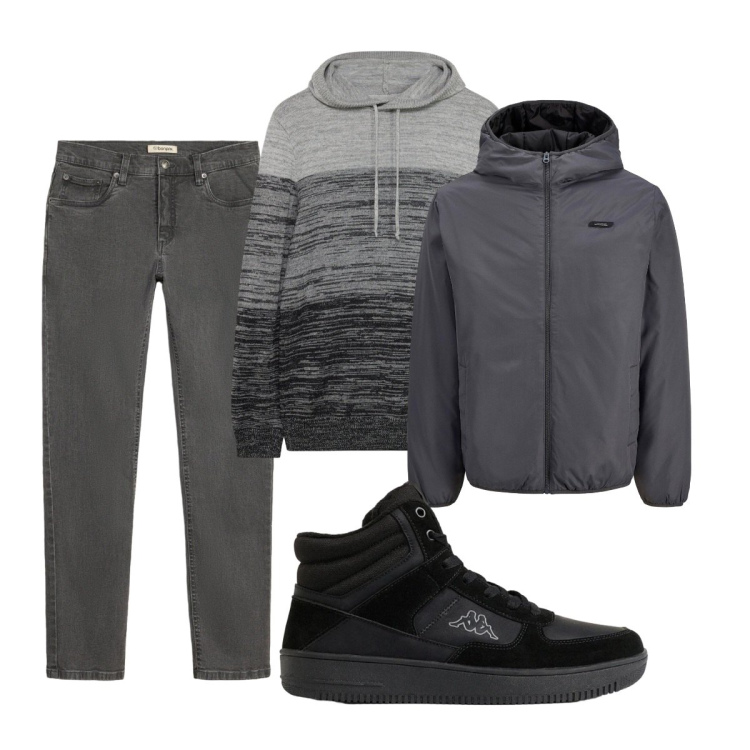 Outfit uomo - Total look #2496630. Stile Casual per Tutti i giorni. Abbinamento con sneakers alte, giacche, felpe con cappuccio, jeans slim fit.