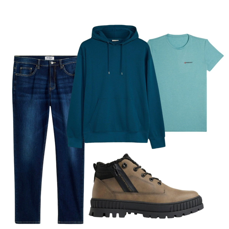 Outfit uomo - Total look #2496631. Stile Casual per Tutti i giorni. Abbinamento con t-shirt, jeans, stivali e stivaletti, felpe con cappuccio.