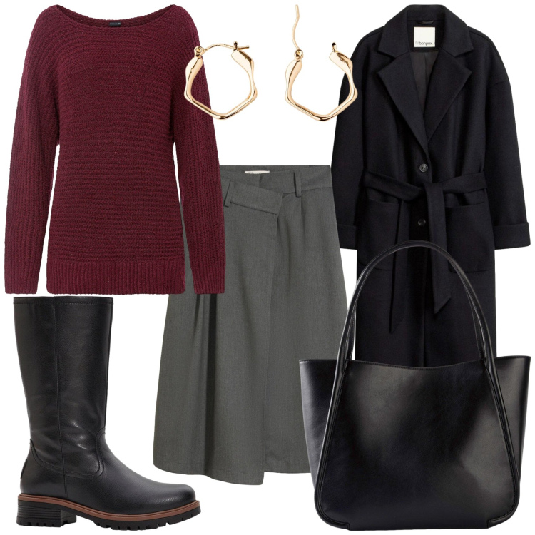 Outfit donna - Una giornata in ufficio. Stile Casual chic per Ufficio. Abbinamento con gonne longuette, shopping bag, cappotti, maglieria, orecchini, stivali.