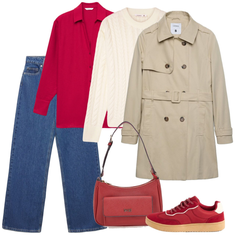 Outfit donna - In caso di pioggia. Stile Basic per Tutti i giorni. Abbinamento con camicie, maglieria, trench, jeans, borse a spalla, sneakers.