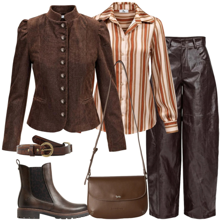 Outfit donna - In città. Stile Trendy per Scuola/Università. Abbinamento con pantaloni a palazzo, blazer, camicie, borse a tracolla, cinture, stivaletti chelsea.