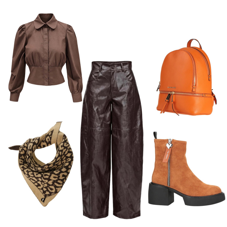 Outfit donna - Brown&Orange. Stile Casual Abbinamento con camicie, pantaloni a palazzo, foulard, stivaletti, zaini.