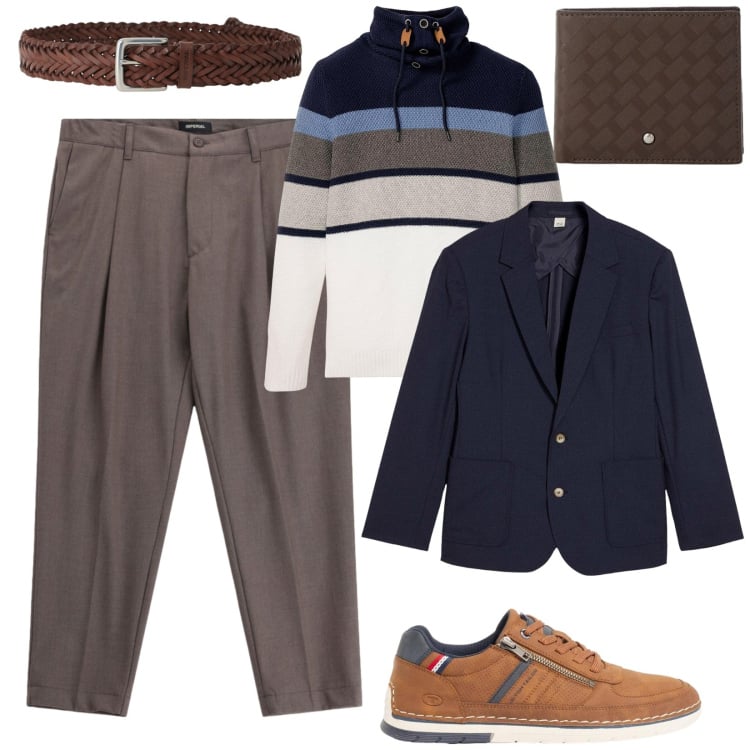 Outfit uomo - Aperitivo con gli amici. Stile Urban per Tutti i giorni. Abbinamento con pantaloni, portafogli, cinture, maglieria, giacche, sneakers.