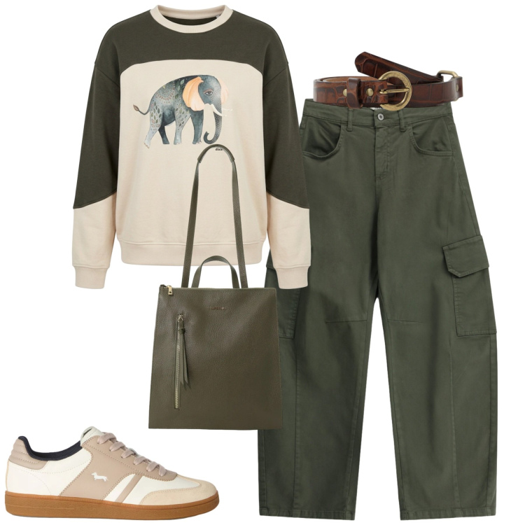 Outfit donna - Ottobre. Stile Casual per Tutti i giorni. Abbinamento con sneakers, borse a tracolla, cinture, pantaloni cargo, felpe.