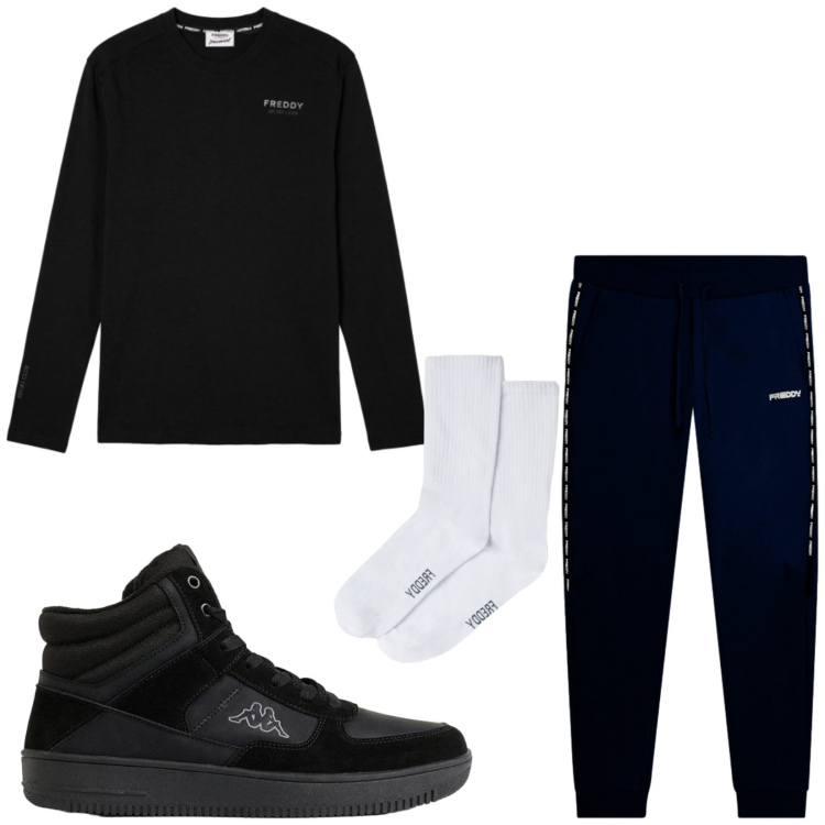 Outfit uomo - Total look #2496668. Stile Casual per Sport. Abbinamento con pantaloni, calzini, t-shirt, sneakers alte.