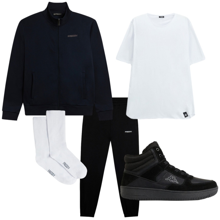 Outfit uomo - Relax. Stile Casual per Tutti i giorni. Abbinamento con t-shirt, pantaloni sportivi, calzini, felpe, sneakers alte.
