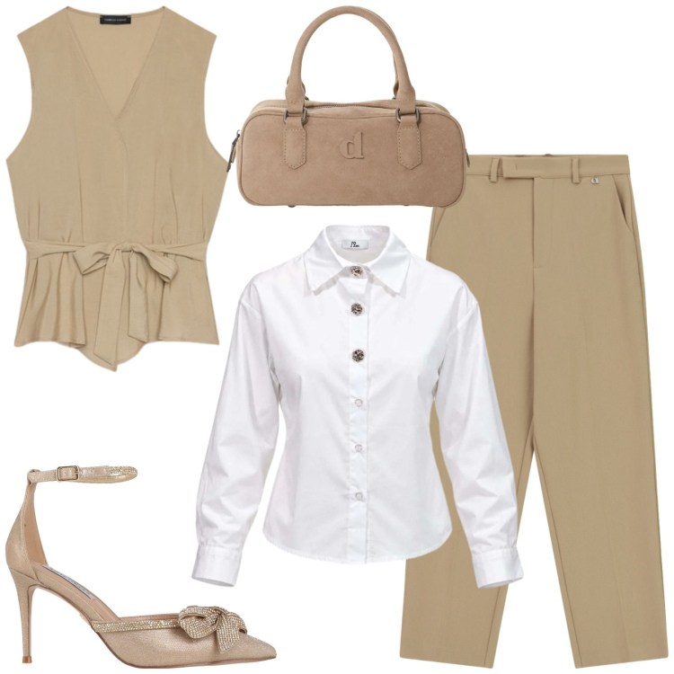 Outfit donna - Total look #2496674. Stile Chic per Ufficio. Abbinamento con camicie, gilet, borse a mano, pantaloni, décolleté.