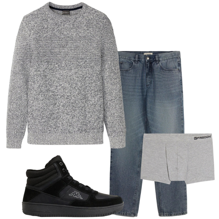 Outfit uomo - Total look #2496676. Stile Casual per Tutti i giorni. Abbinamento con boxer, sneakers alte, maglieria, jeans dritti.