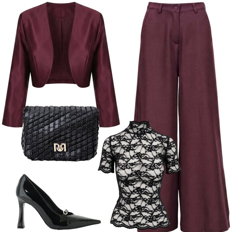 Outfit donna - Total look #2496677. Stile Chic per Cerimonia. Abbinamento con pantaloni a palazzo, top, décolleté, borse a tracolla, blazer.