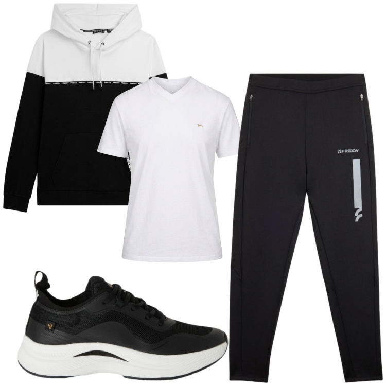 Outfit uomo - Total look #2496678. Stile Urban per Sport. Abbinamento con t-shirt, sneakers, pantaloni, felpe con cappuccio.