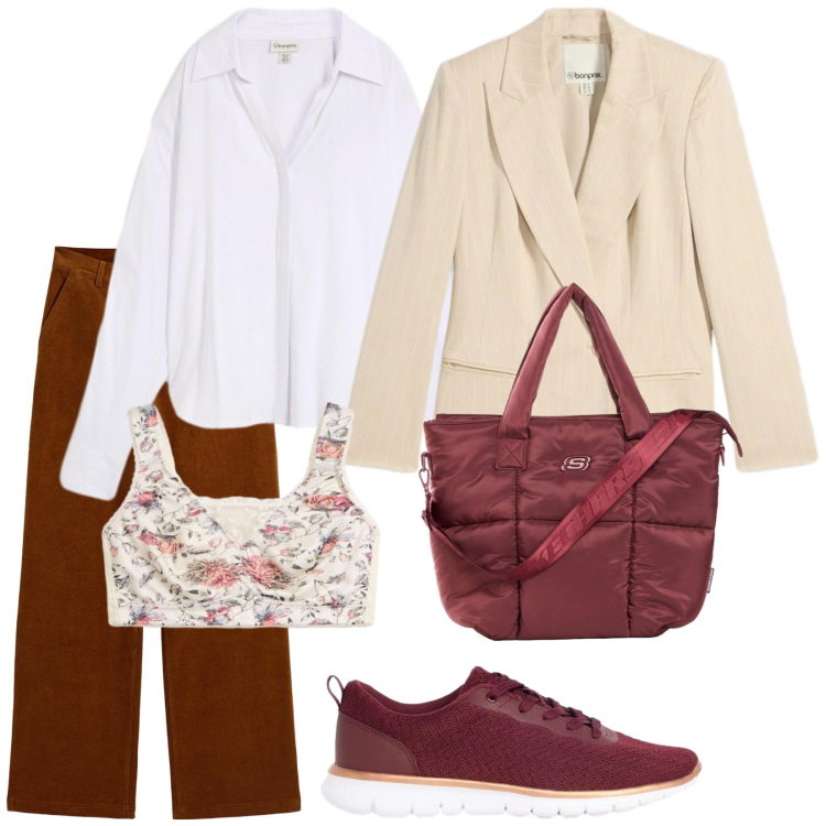 Outfit donna - Total look #2496679. Stile Trendy per Tutti i giorni. Abbinamento con blazer, shopping bag, sneakers, pantaloni, bluse, reggiseni.