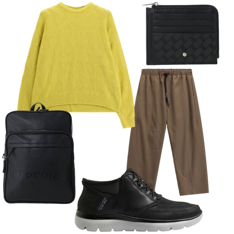 Outfit uomo - Weekend fuori porta. Stile Casual Abbinamento con maglieria, pantaloni, borse sportive, portafogli, sneakers.