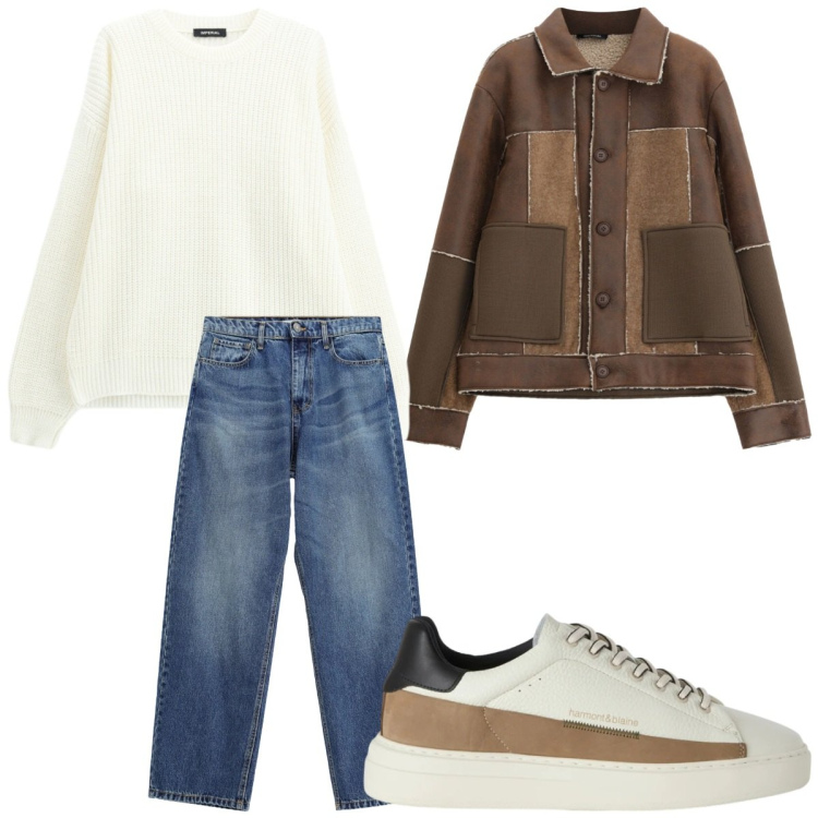 Outfit uomo - Denim & Leather. Stile Casual per Tutti i giorni. Abbinamento con sneakers, jeans, maglieria, cappotti.
