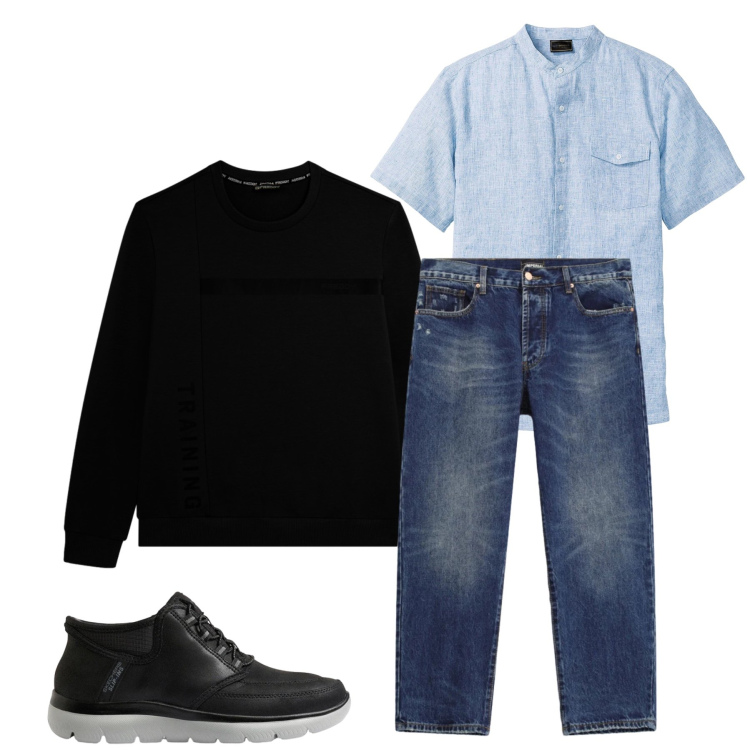 Outfit uomo - Total look #2496692. Stile Trendy per Tutti i giorni. Abbinamento con jeans dritti, felpe, camicie a manica corta, sneakers.