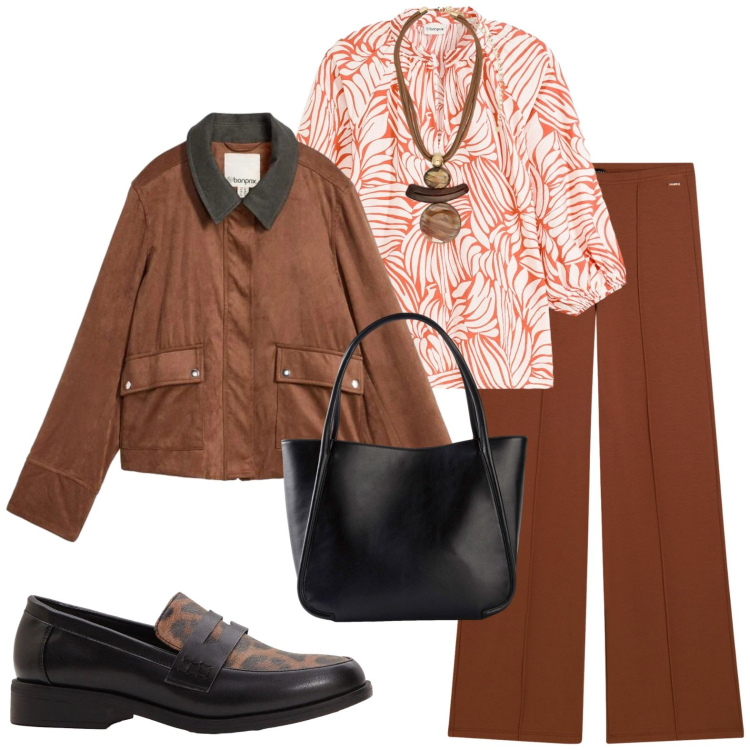 Outfit donna - Ufficio. Stile Casual per Ufficio. Abbinamento con ciondoli, pantaloni, tuniche, shopping bag, mocassini, cappotti.