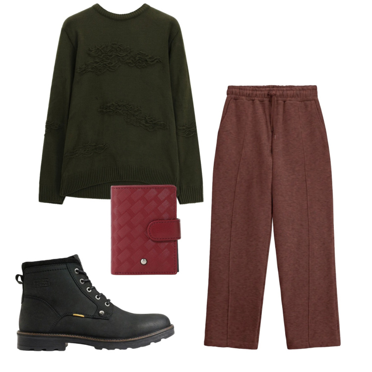 Outfit uomo - Ruggine e nero. Stile Casual per Tutti i giorni. Abbinamento con pantaloni, maglieria, portafogli, stivali e stivaletti.