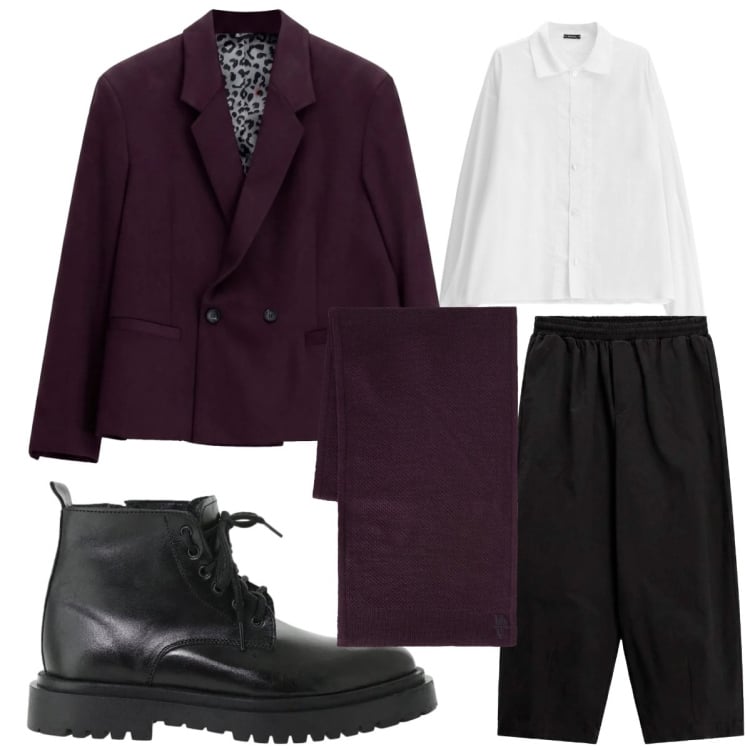 Outfit uomo - Completo destrutturato. Stile Trendy per Serata speciale. Abbinamento con sciarpe, giacche, anfibi, pantaloni a palazzo, camicie.