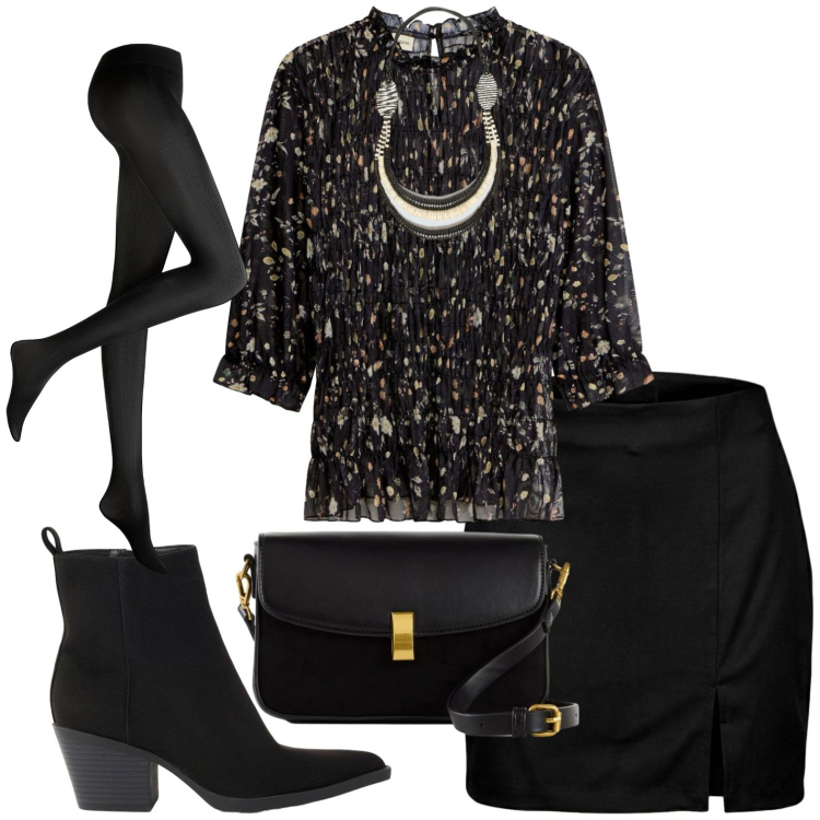 Outfit donna - Ufficio. Stile Casual chic per Ufficio. Abbinamento con minigonne, collane, collant, borse a mano, stivaletti texani, bluse.