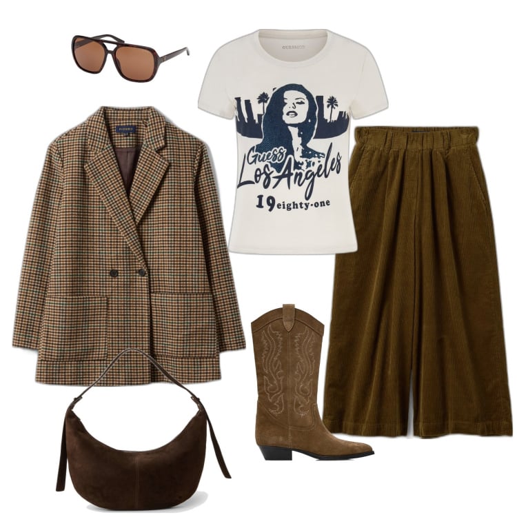 Outfit mujer - Trendy #5016. Estilo Trendy para Todos los días. Combinación con pantalones, botines, camiseta, bandoleras, blazers, gafas de sol.