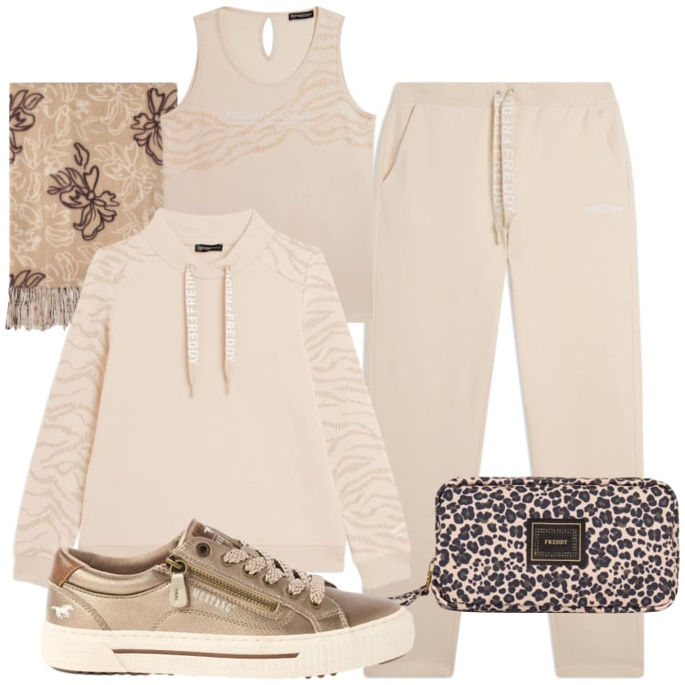 Outfit donna - Sport. Stile Casual per Sport. Abbinamento con sciarpe, felpe, pantaloni, valigie, canottiere, sneakers.