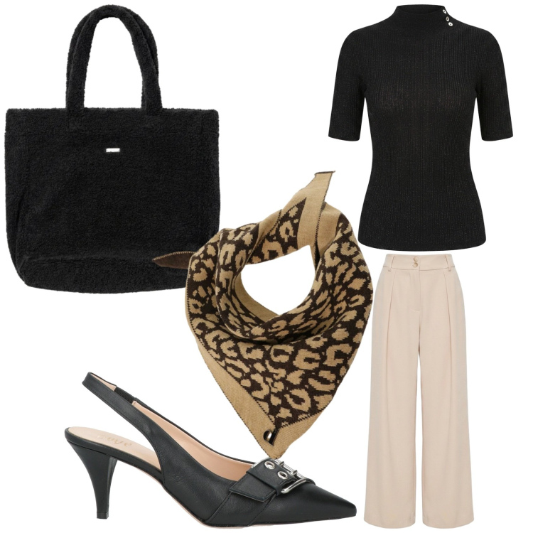 Outfit donna - Riunione. Stile Chic per Ufficio. Abbinamento con borse a mano, foulard, pantaloni a palazzo, maglieria, décolleté.