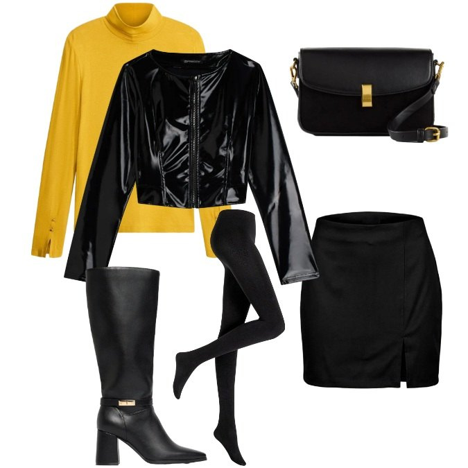 Outfit donna - Giacca Lucida effetto Vinile. Stile Trendy per Serata fuori. Abbinamento con minigonne, giacche, t-shirt, collant, borse a mano, stivali.