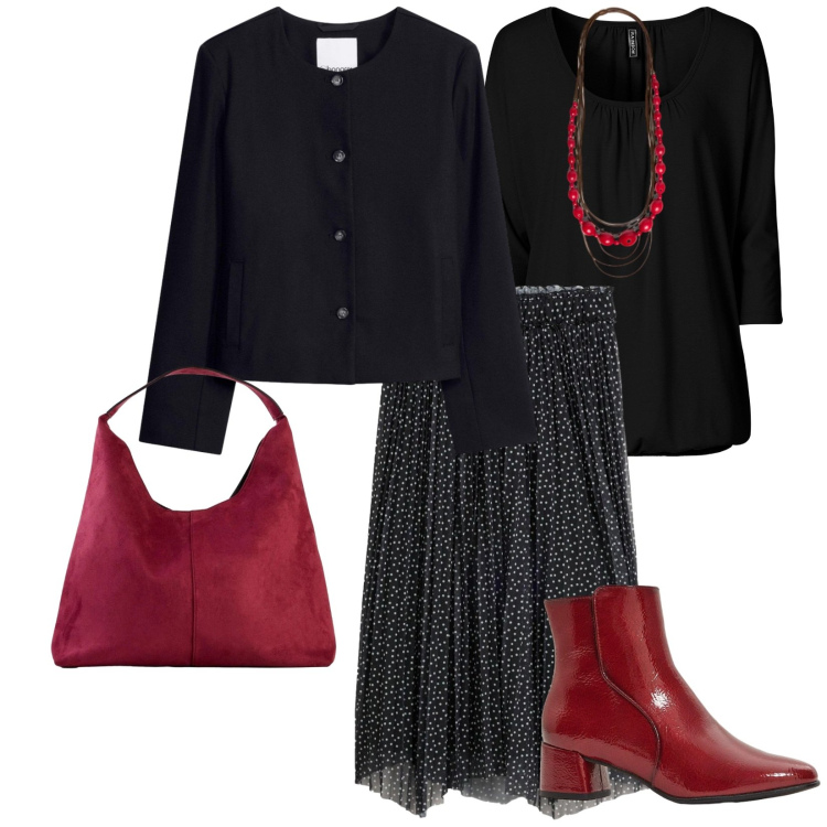 Outfit donna - Accessori rossi. per Tutti i giorni. Abbinamento con collane, blazer, gonne longuette, maglieria, borse a spalla, stivaletti.
