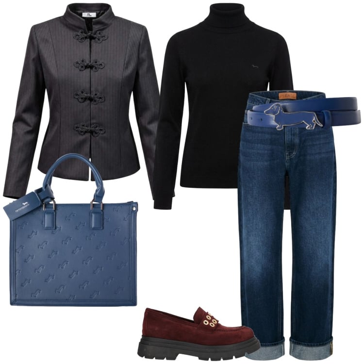 Outfit donna - Urban style. per Scuola/Università. Abbinamento con blazer, cinture, pullovers, borse a mano, jeans dritti, mocassini.
