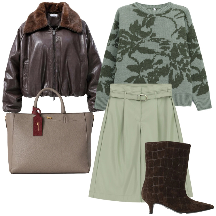 Outfit donna - A lavoro. per Ufficio. Abbinamento con bomber, borse a mano, maglieria, bermuda, stivali.
