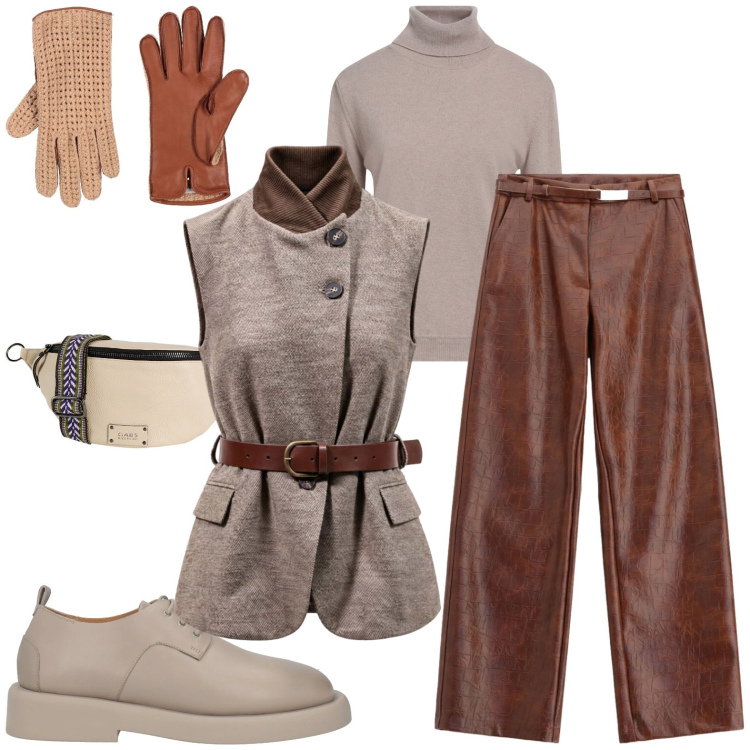 Outfit donna - Casual. Stile Casual per Tutti i giorni. Abbinamento con gilet, pantaloni, marsupi, maglieria, guanti, scarpe stringate.