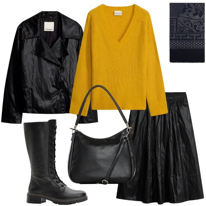 Outfit donna - Effetto Crinkle e Pullover senape. Stile Urban per Scuola/Università. Abbinamento con sciarpe, maglieria, gonne, stivali, borse a mano, blazer.