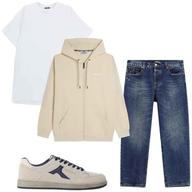 Outfit uomo - Total look #2496769. Stile Casual per Tutti i giorni. Abbinamento con t-shirt, sneakers, jeans dritti, felpe con cappuccio.