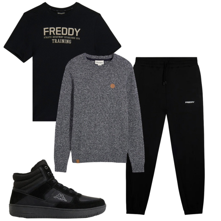 Outfit uomo - Total look #2496773. Stile Urban per Tutti i giorni. Abbinamento con t-shirt, pantaloni sportivi, sneakers alte, maglieria.