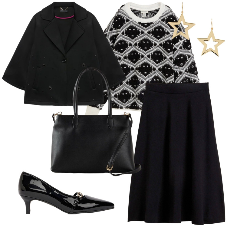Outfit donna - Da mattina a sera. per Tutti i giorni. Abbinamento con cappotti, orecchini, gonne longuette, décolleté, maglieria, borse a mano.