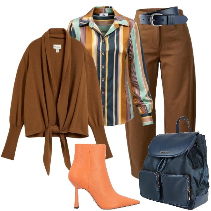 Outfit donna - Lo Stivaletto Arancione (Pop of Color). Stile Trendy per Ufficio. Abbinamento con pantaloni, camicie, zaini, stivaletti, cardigans, cinture.