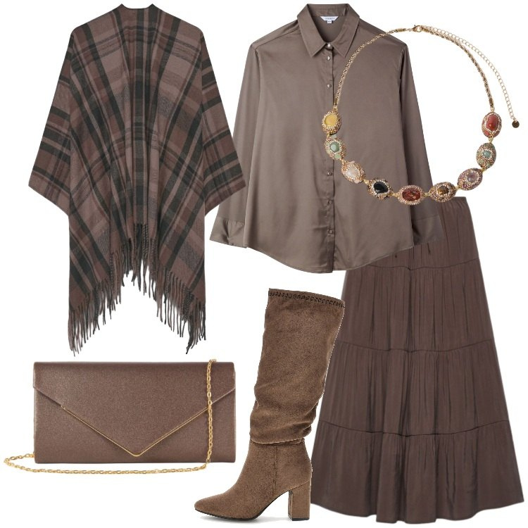 Outfit donna - Aperitivo glam - Focus Donna Curvy. Stile Boho per Serata fuori. Abbinamento con collane, clutch, gonne lunghe, cappe, camicie, stivali.
