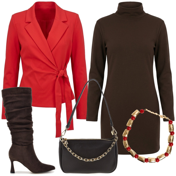 Outfit donna - Total look #2496780. Stile Chic per Tutti i giorni. Abbinamento con blazer, collane, vestiti corti, borse a mano, stivali.