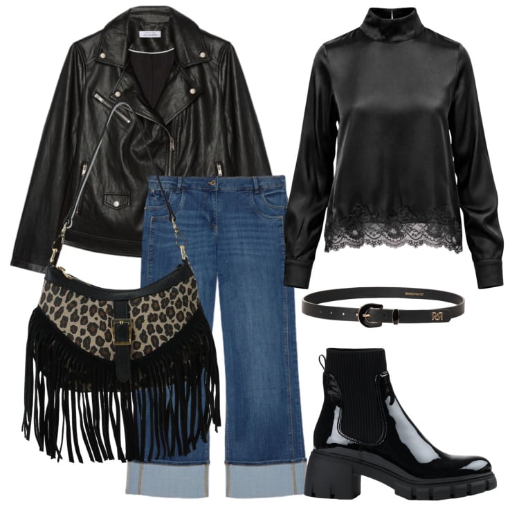 Outfit donna - Ottobre. Stile Trendy per Tutti i giorni. Abbinamento con bluse, borse a spalla, jeans dritti, giacche, cinture, stivaletti.
