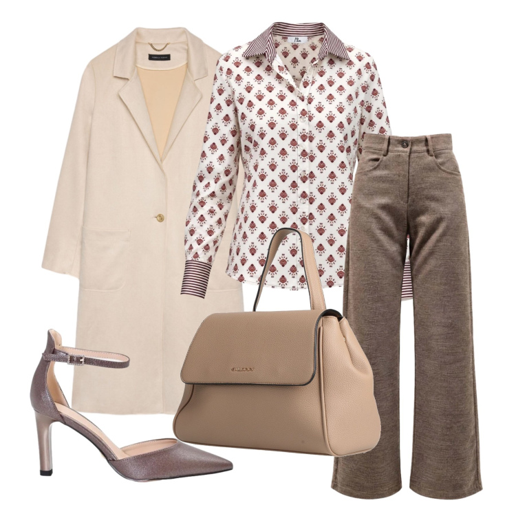 Outfit donna - Ottobre. Stile Casual chic per Ufficio. Abbinamento con pantaloni, camicie, cappotti, décolleté, zaini.