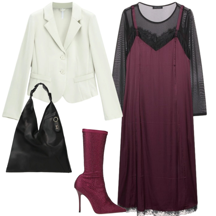 Outfit donna - Serata in bordeaux. per Serata fuori. Abbinamento con blazer, borse a spalla, vestiti midi/longuette, stivali.