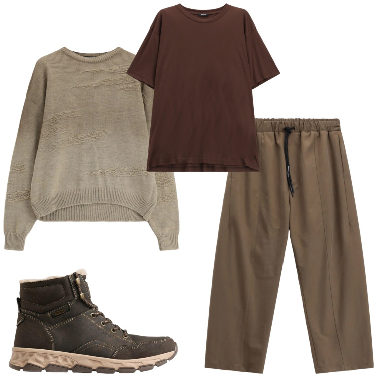 Outfit uomo - Total look #2496791. Stile Trendy per Tutti i giorni. Abbinamento con maglieria, t-shirt, pantaloni, stivali e stivaletti.