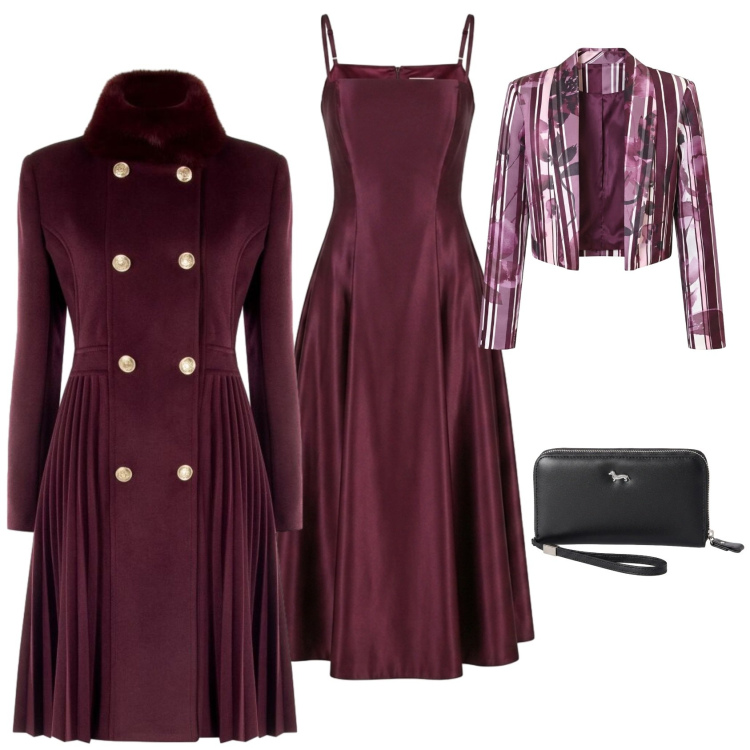 Outfit donna - Chic serata evento speciale. Stile Chic per Serata fuori. Abbinamento con portafogli, blazer, vestiti midi/longuette, cappotti, pantofole.