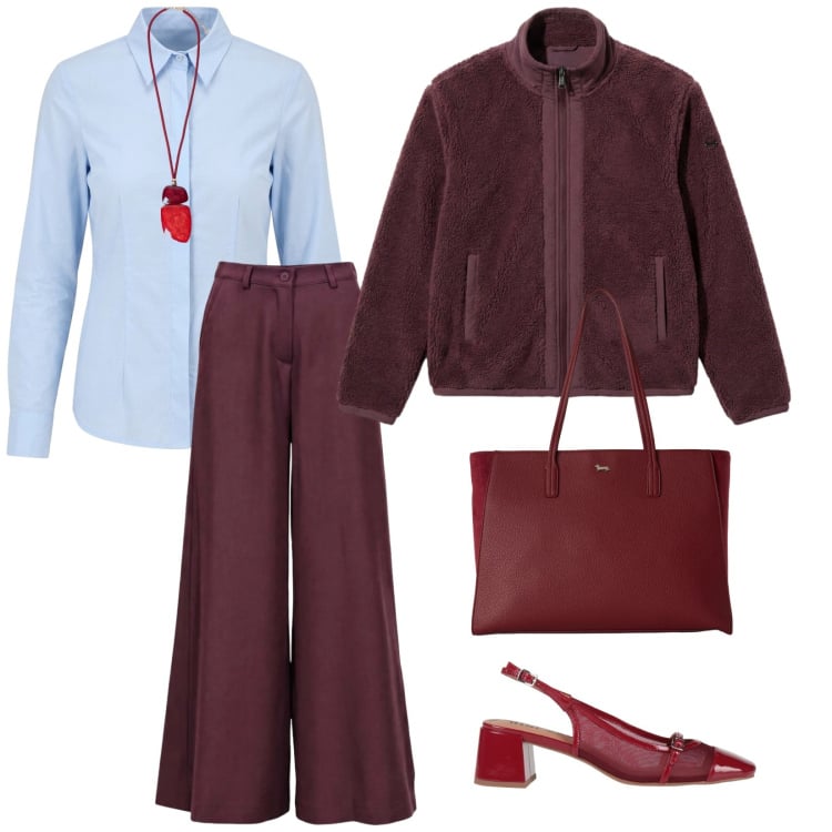 Outfit donna - Un caffè in centro. per Tutti i giorni. Abbinamento con pantaloni a palazzo, shopping bag, ciondoli, blazer, camicie, décolleté.