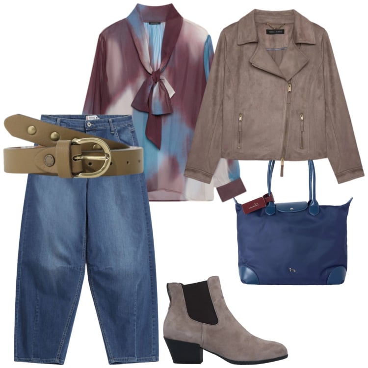 Outfit donna - Denim e camoscio. per Tutti i giorni. Abbinamento con shopping bag, giacche, bluse, jeans, cinture, stivaletti chelsea.