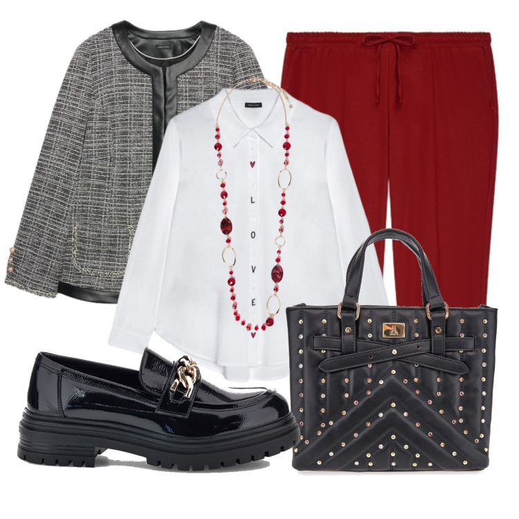 Outfit donna - Sunday Brunch - Donna Curvy. Stile Romantica per Tutti i giorni. Abbinamento con pantaloni, blazer, collane, camicie, mocassini, borse a mano.