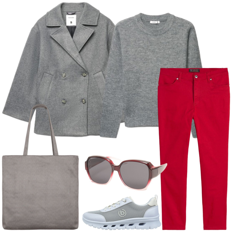 Outfit donna - Total look #2496807. Stile Casual per Scuola/Università. Abbinamento con occhiali da sole, caban, shopping bag, maglieria, pantaloni, sneakers.