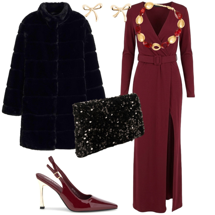 Outfit donna - Chic serata evento speciale. Stile Chic per Serata fuori. Abbinamento con vestiti lunghi, collane, pochette, décolleté, cappotti, orecchini.