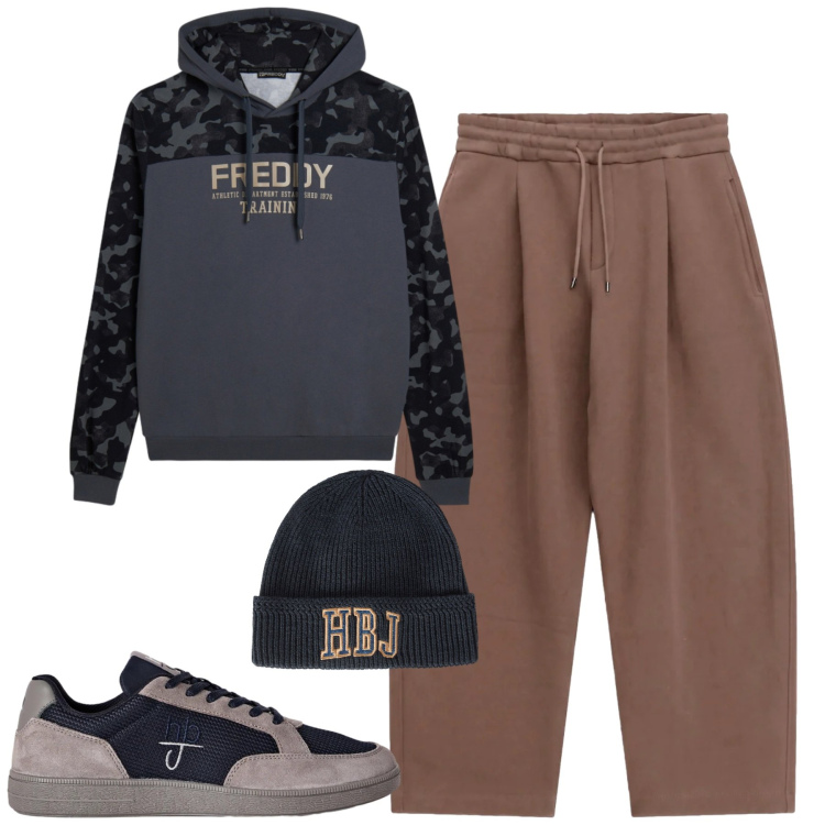 Outfit uomo - Comodo. Stile Casual per Tutti i giorni. Abbinamento con sneakers, berretti, pantaloni, felpe con cappuccio.